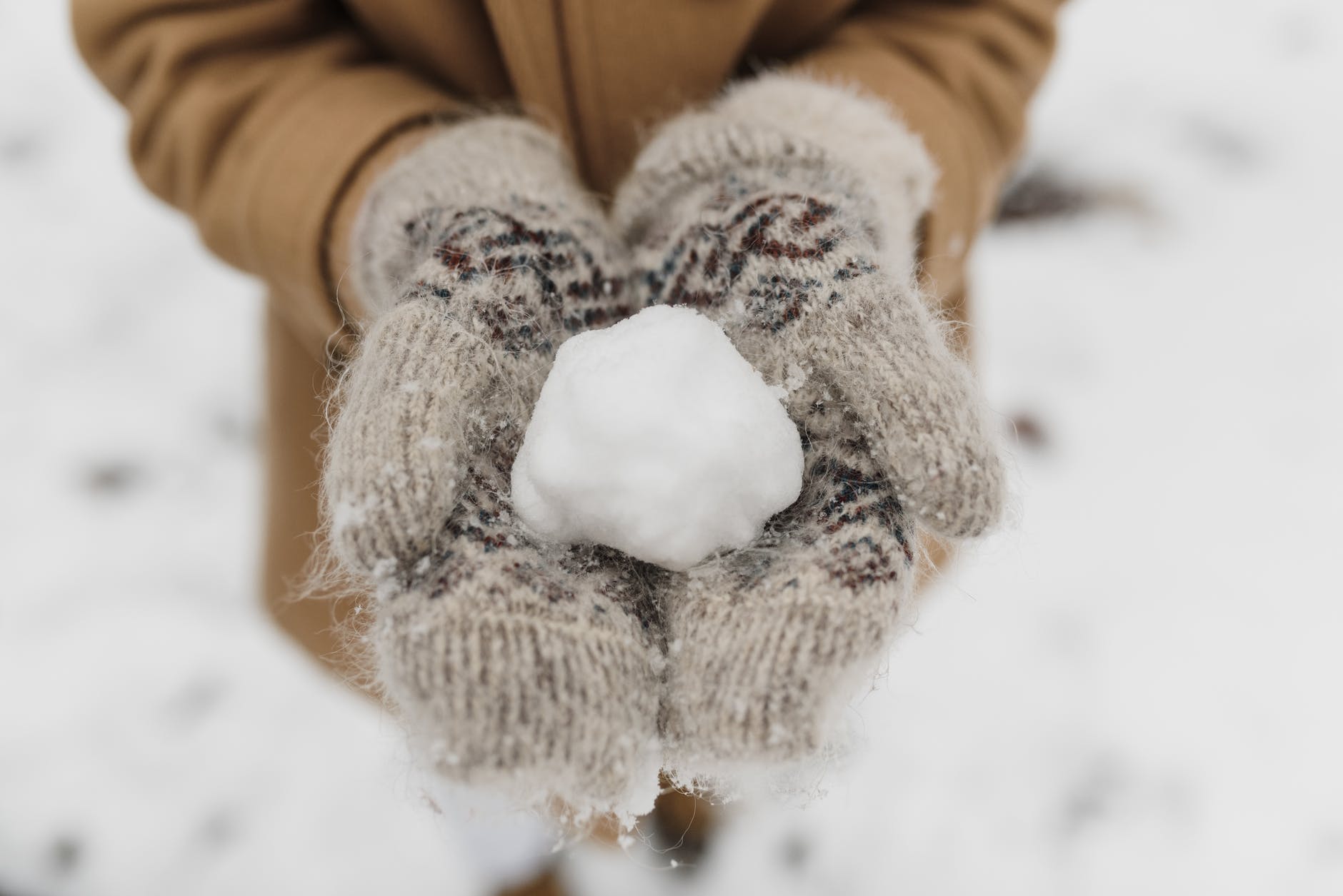 person wearing knitted gloves holding a snow
