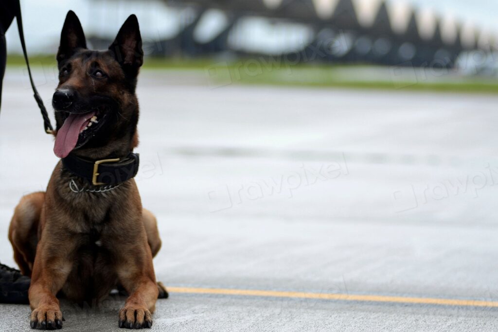 Police dog with leash lying